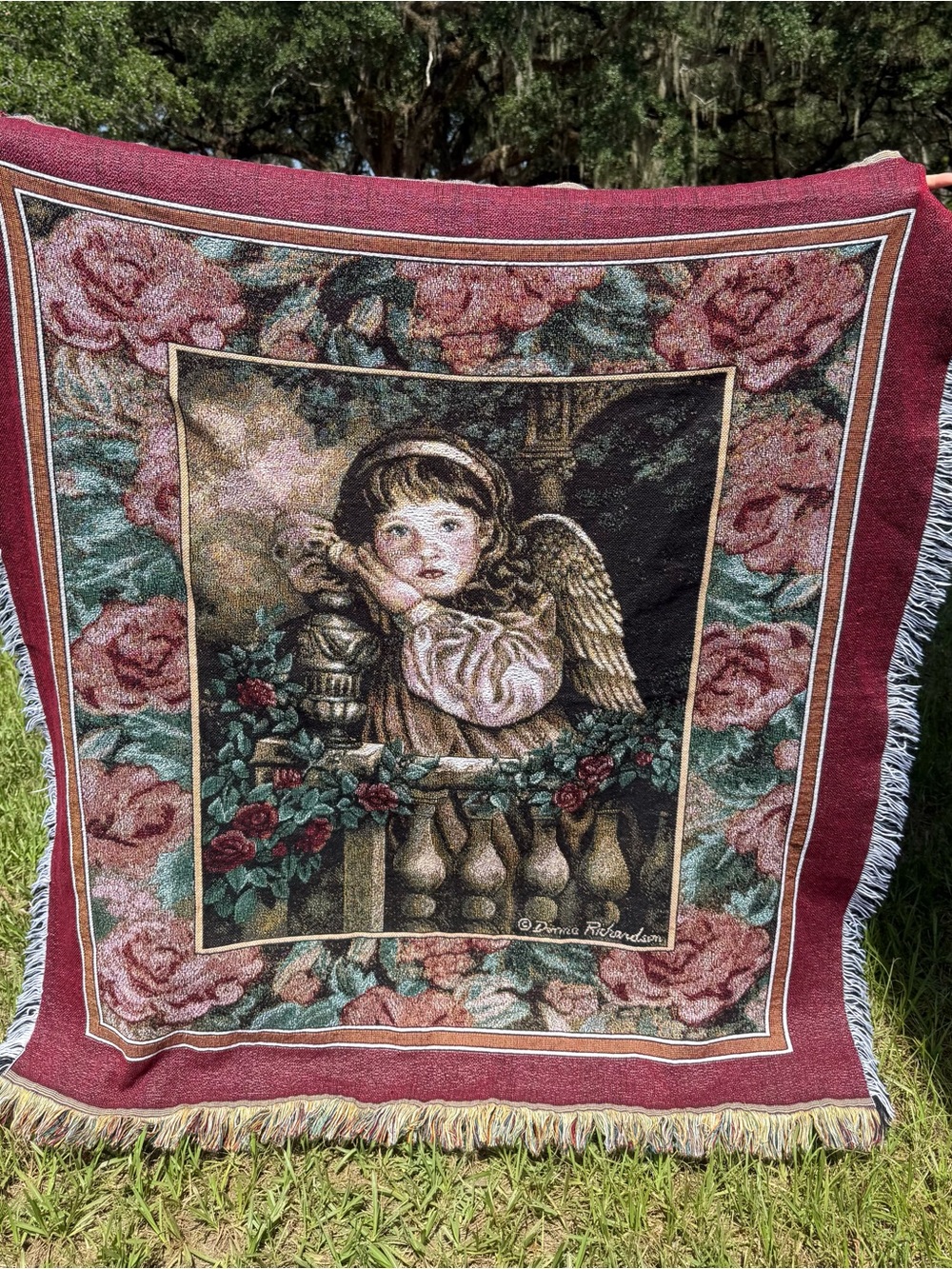 VTG 90s Donna Richardson Woven Angel Tapestry Throw Blanket Red Roses Cottage